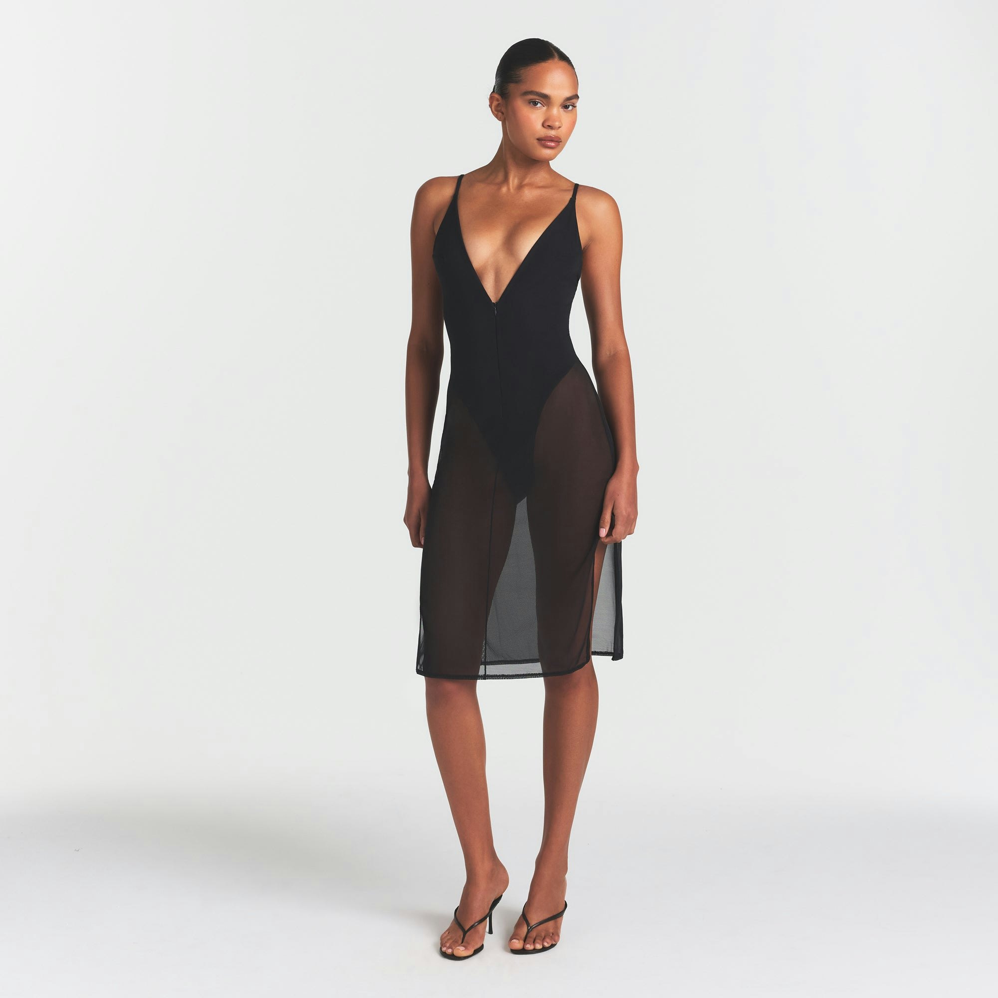 Mesh Plunge Midi Dress